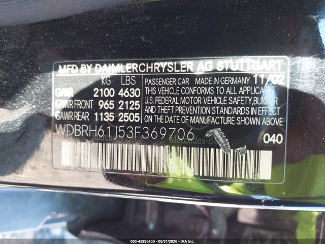 Aukcja sprzedaży 2003 Mercedes-benz C 240, vin: WDBRH61J53F369706, numer aukcji: 45995409