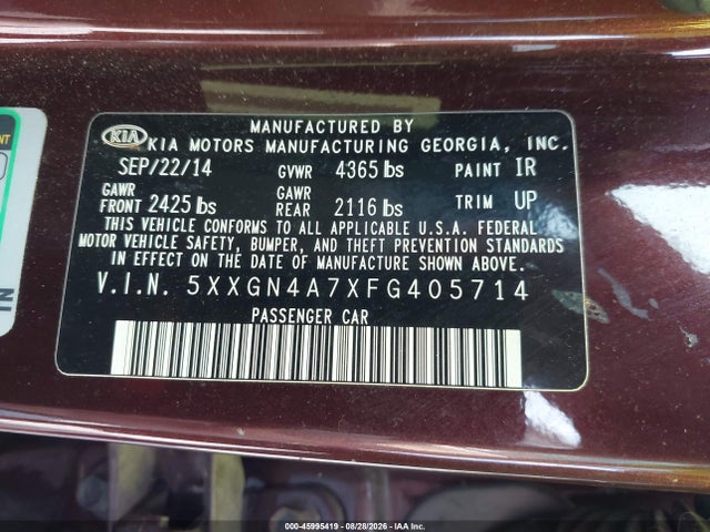 45995419 :رقم المزاد ، 5XXGN4A7XFG405714 vin ، 2015 Kia Optima Ex مزاد بيع