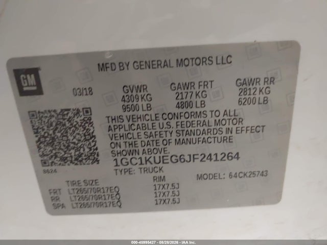 45995427 :رقم المزاد ، 1GC1KUEG6JF241264 vin ، 2018 Chevrolet Silverado 2500hd Wt مزاد بيع
