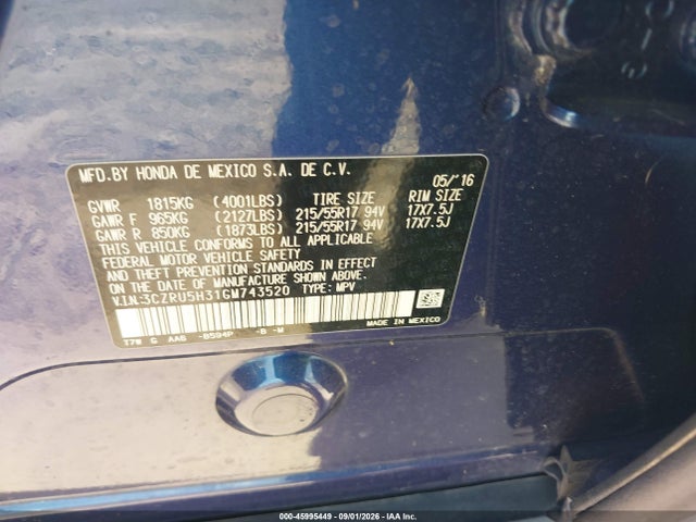 Aukcja sprzedaży 2016 Honda Hr-v Lx, vin: 3CZRU5H31GM743520, numer aukcji: 45995449
