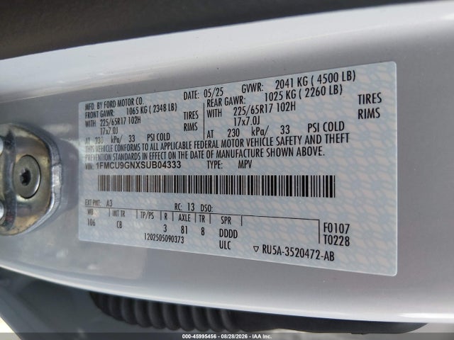 2025 Ford Escape Active მანქანა იყიდება აუქციონზე, vin: 1FMCU9GNXSUB04333, აუქციონის ნომერი: 45995456