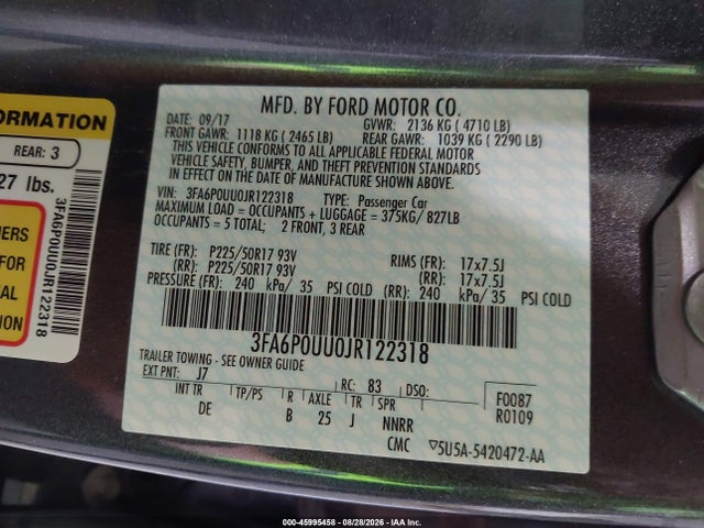 Aukcja sprzedaży 2018 Ford Fusion Hybrid S, vin: 3FA6P0UU0JR122318, numer aukcji: 45995458
