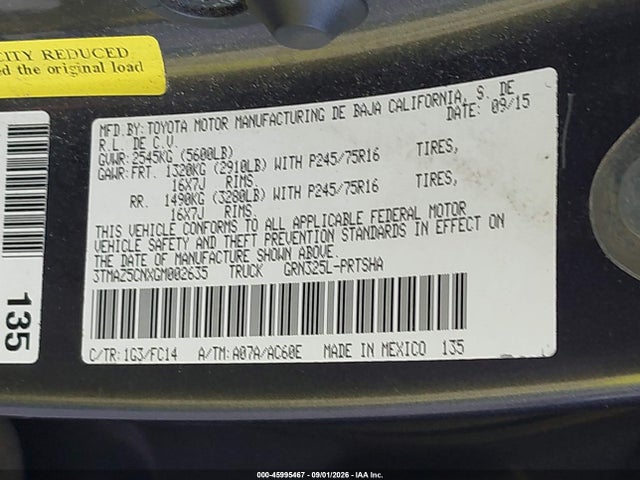 45995467 :رقم المزاد ، 3TMAZ5CNXGM002635 vin ، 2016 Toyota Tacoma Sr5 V6 مزاد بيع