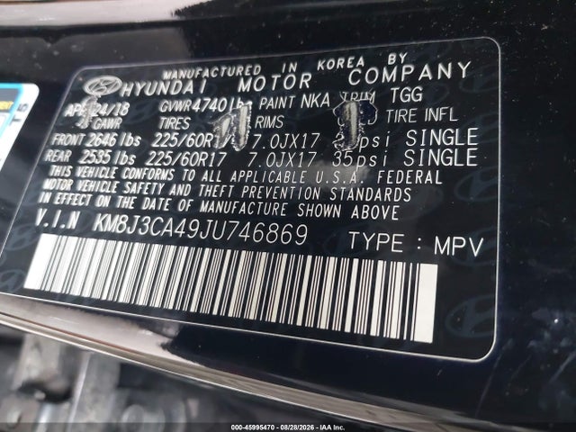 Aukcja sprzedaży 2018 Hyundai Tucson Sel, vin: KM8J3CA49JU746869, numer aukcji: 45995470