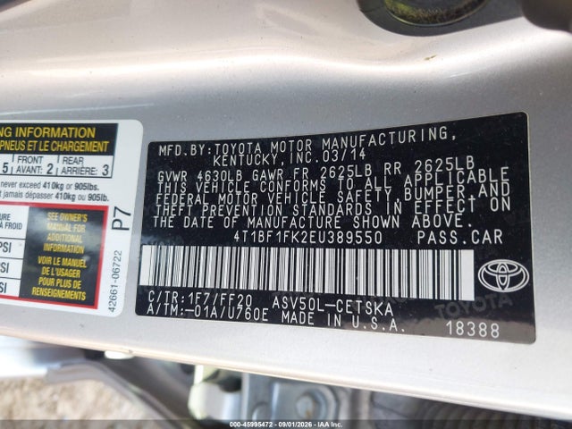 45995472 :رقم المزاد ، 4T1BF1FK2EU389550 vin ، 2014 Toyota Camry Se مزاد بيع