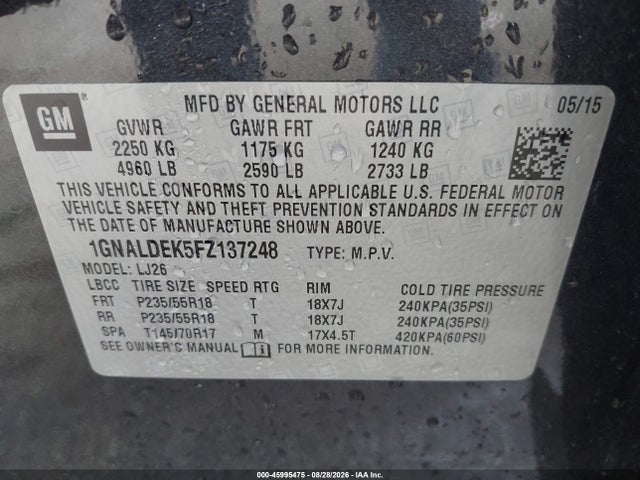 Продаж на аукціоні авто 2015 Chevrolet Equinox Ltz, vin: 1GNALDEK5FZ137248, номер лоту: 45995475