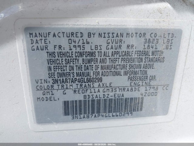3N1AB7AP4GL660299 Nissan Sentra Fe+ S/s/sl/sr/sv