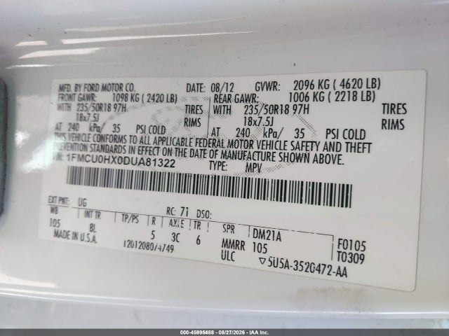 Продажа на аукционе авто 2013 Ford Escape Sel, vin: 1FMCU0HX0DUA81322, номер лота: 45995488