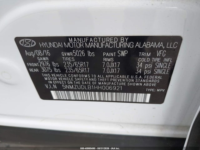 2017 Hyundai Santa Fe Sport 2.4l მანქანა იყიდება აუქციონზე, vin: 5NMZUDLB1HH006921, აუქციონის ნომერი: 45995490