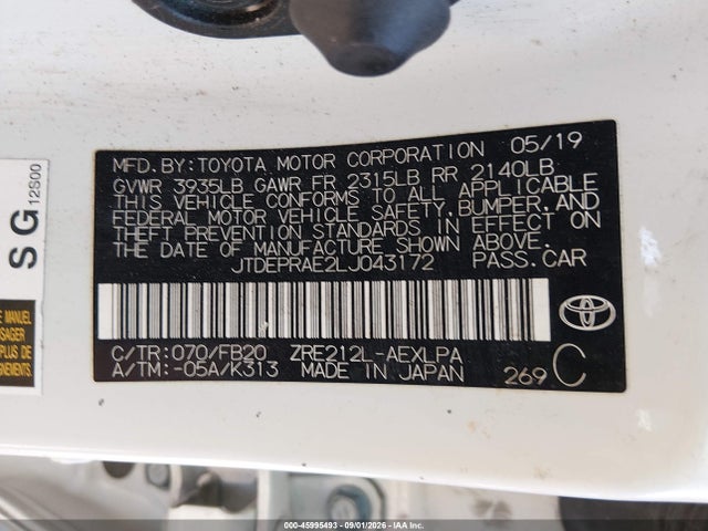 Продаж на аукціоні авто 2020 Toyota Corolla Le, vin: JTDEPRAE2LJ043172, номер лоту: 45995493