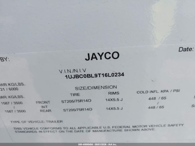 Aukcja sprzedaży 2026 Jayco Other, vin: 1UJBC0BL9T16L0234, numer aukcji: 45995494