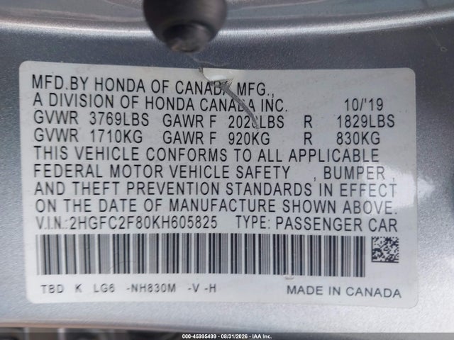 Aukcja sprzedaży 2019 Honda Civic Sport, vin: 2HGFC2F80KH605825, numer aukcji: 45995499