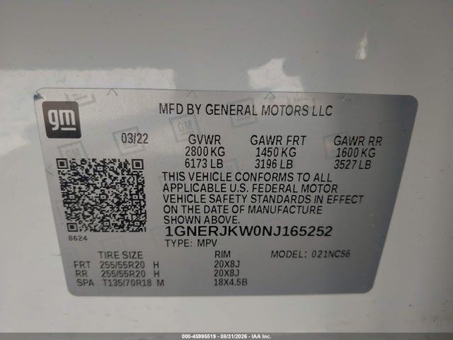 Auction sale of the 2022 Chevrolet Traverse Fwd Rs, vin: 1GNERJKW0NJ165252, lot number: 45995519