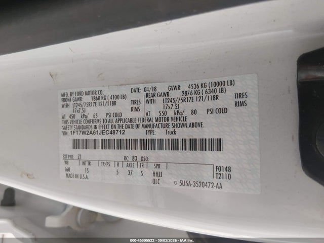 Продаж на аукціоні авто 2018 Ford F-250 Xl, vin: 1FT7W2A61JEC48712, номер лоту: 45995522