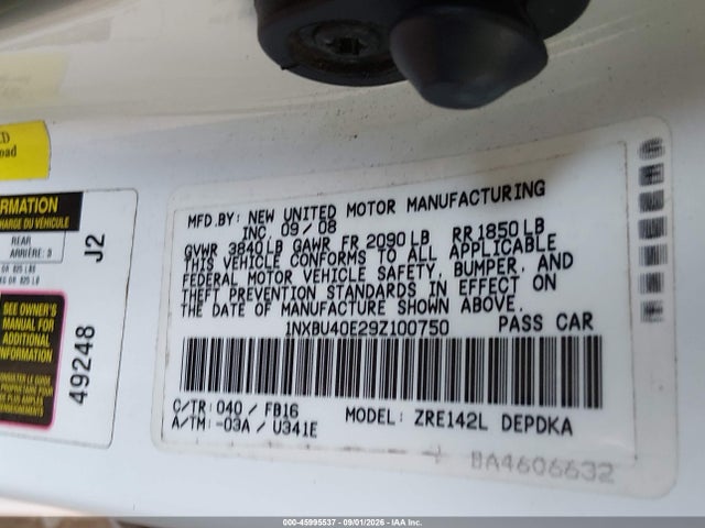 Aukcja sprzedaży 2009 Toyota Corolla Le, vin: 1NXBU40E29Z100750, numer aukcji: 45995537
