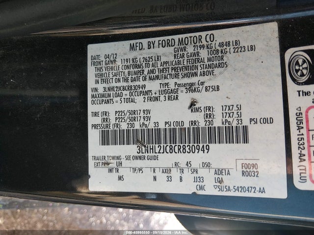 Продаж на аукціоні авто 2012 Lincoln Mkz, vin: 3LNHL2JC8CR830949, номер лоту: 45995550