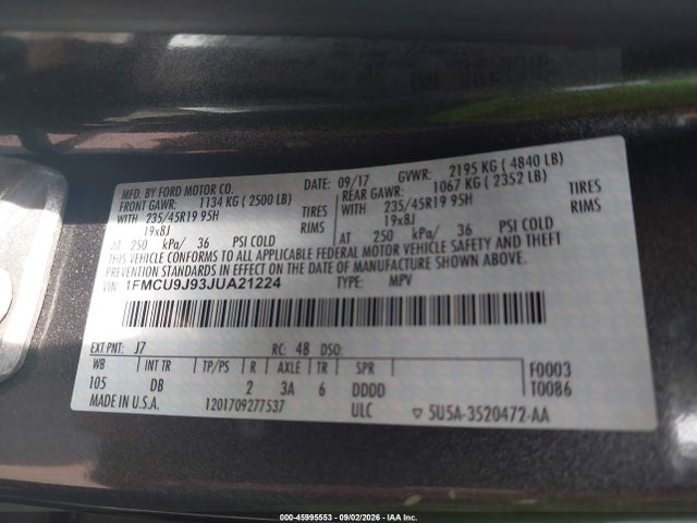 2018 Ford Escape Titanium მანქანა იყიდება აუქციონზე, vin: 1FMCU9J93JUA21224, აუქციონის ნომერი: 45995553