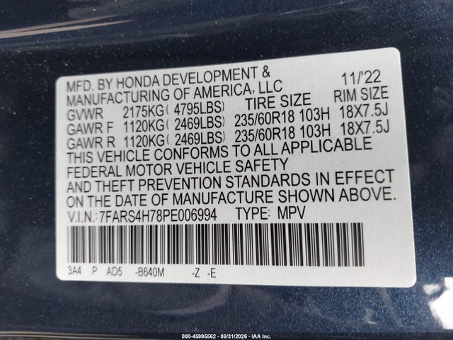 Продажа на аукционе авто 2023 Honda Cr-v Ex-l Awd, vin: 7FARS4H78PE006994, номер лота: 45995562