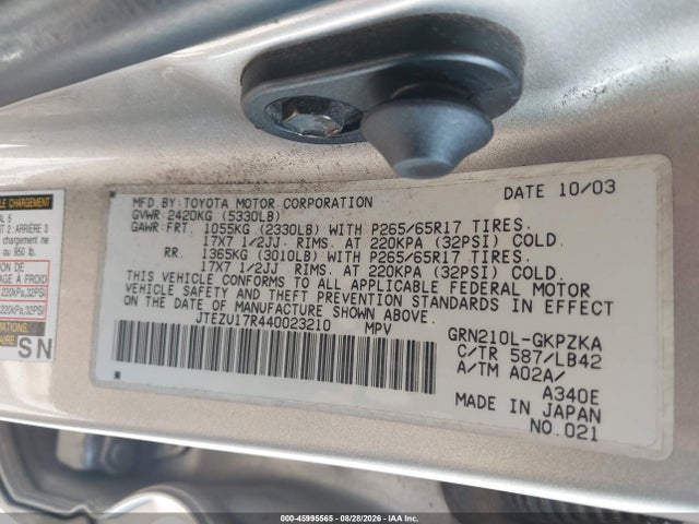 Aukcja sprzedaży 2004 Toyota 4runner Limited V6, vin: JTEZU17R440023210, numer aukcji: 45995565