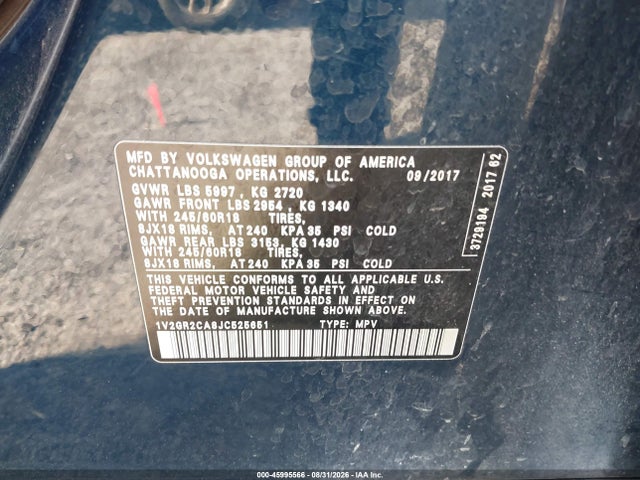 Продаж на аукціоні авто 2018 Volkswagen Atlas 3.6l V6 S, vin: 1V2GR2CA8JC525651, номер лоту: 45995566