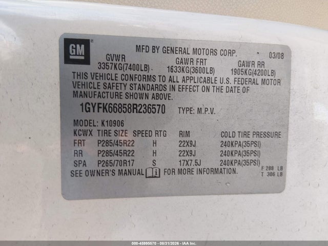 Продаж на аукціоні авто 2008 Cadillac Escalade Esv Standard, vin: 1GYFK66858R236570, номер лоту: 45995570