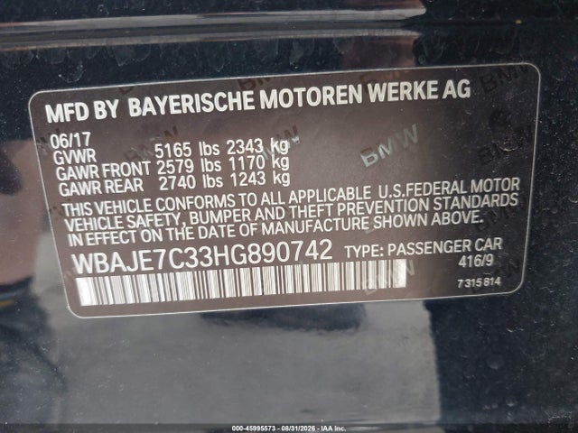 45995573 :رقم المزاد ، WBAJE7C33HG890742 vin ، 2017 Bmw 540i Xdrive مزاد بيع