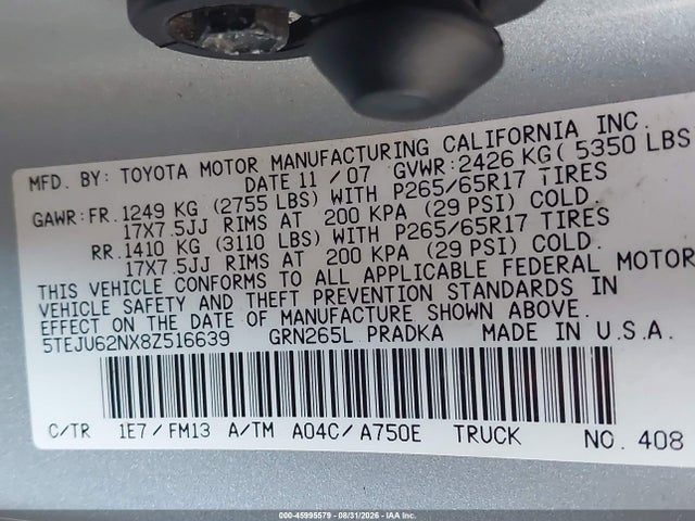 2008 Toyota Tacoma Prerunner V6 მანქანა იყიდება აუქციონზე, vin: 5TEJU62NX8Z516639, აუქციონის ნომერი: 45995579