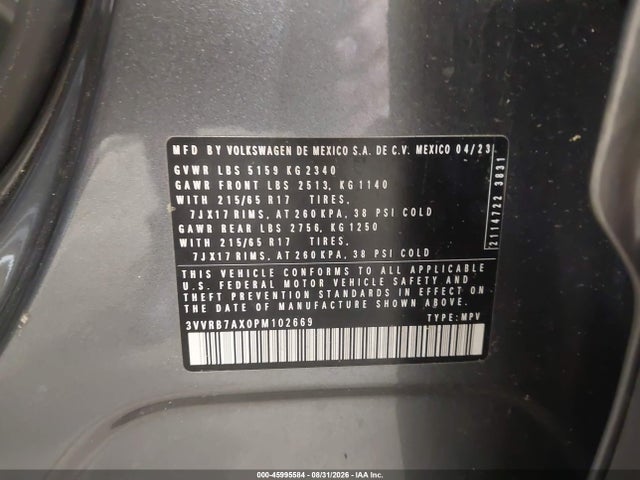 Aukcja sprzedaży 2023 Volkswagen Tiguan 2.0t S, vin: 3VVRB7AX0PM102669, numer aukcji: 45995584