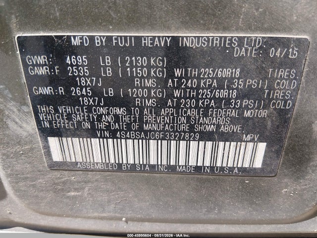 Продажа на аукционе авто 2015 Subaru Outback 2.5i Limited, vin: 4S4BSAJC6F3327829, номер лота: 45995604