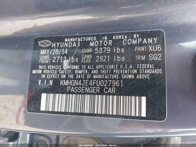 45995607 :رقم المزاد ، KMHGN4JE4FU027961 vin ، 2015 Hyundai Genesis 3.8l مزاد بيع
