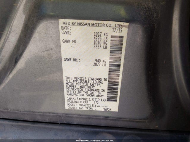 Aukcja sprzedaży 2016 Nissan Altima 2.5 Sl, vin: 1N4AL3AP9GC137218, numer aukcji: 45995622