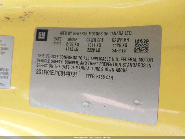 45995627 :رقم المزاد ، 2G1FK1EJ1C9149791 vin ، 2012 Chevrolet Camaro 2ss مزاد بيع
