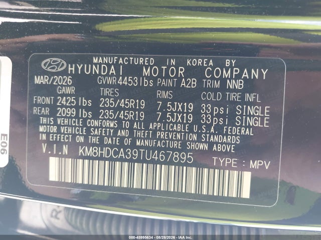 Aukcja sprzedaży 2026 Hyundai Kona Sel Premium, vin: KM8HDCA39TU467895, numer aukcji: 45995634