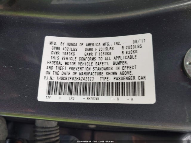 Продаж на аукціоні авто 2017 Honda Accord Ex-l, vin: 1HGCR2F82HA242923, номер лоту: 45995636