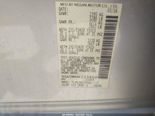 Продаж на аукціоні авто 2016 Nissan Murano Platinum, vin: 5N1AZ2MHXGN123450, номер лоту: 45995642