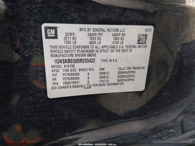 2013 Chevrolet Tahoe Lt მანქანა იყიდება აუქციონზე, vin: 1GNSKBE09DR203422, აუქციონის ნომერი: 45995644