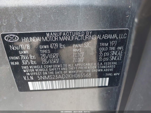 2019 Hyundai Santa Fe Se მანქანა იყიდება აუქციონზე, vin: 5NMS23AD2KH065568, აუქციონის ნომერი: 45995665