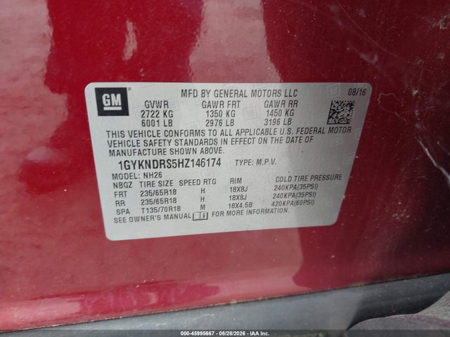 45995667 :رقم المزاد ، 1GYKNDRS5HZ146174 vin ، 2017 Cadillac Xt5 Luxury مزاد بيع