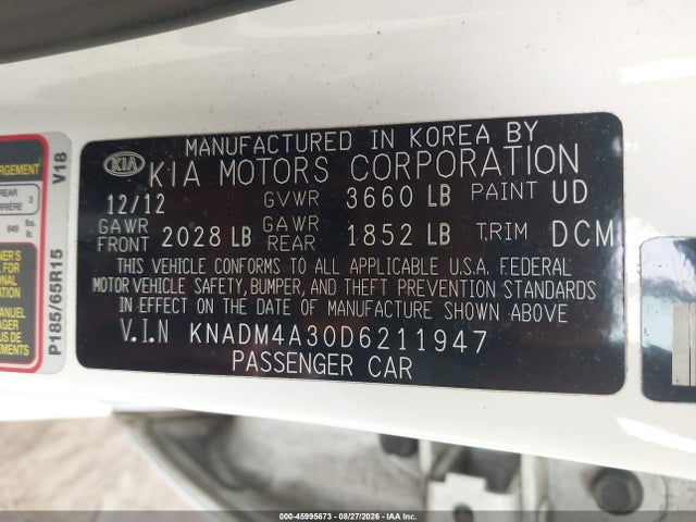 45995673 :رقم المزاد ، KNADM4A30D6211947 vin ، 2013 Kia Rio Lx مزاد بيع