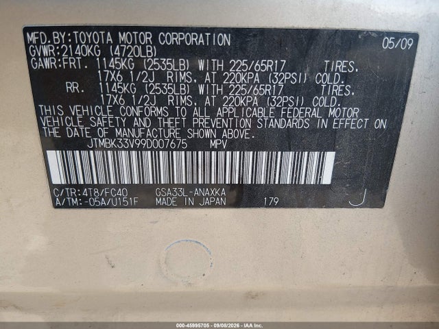 Aukcja sprzedaży 2009 Toyota Rav4 Base V6, vin: JTMBK33V99D007675, numer aukcji: 45995705