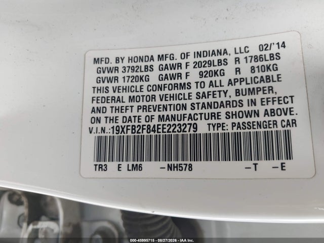 45995715 :رقم المزاد ، 19XFB2F84EE223279 vin ، 2014 Honda Civic Ex مزاد بيع