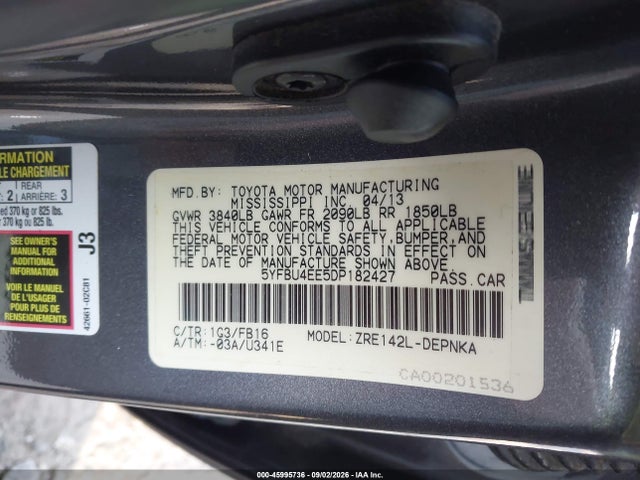 Продажа на аукционе авто 2013 Toyota Corolla Le, vin: 5YFBU4EE5DP182427, номер лота: 45995736