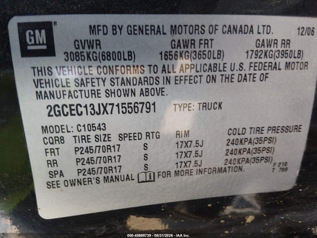 45995739 :رقم المزاد ، 2GCEC13JX71556791 vin ، 2007 Chevrolet Silverado 1500 Work Truck مزاد بيع