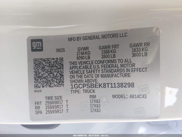 Aukcja sprzedaży 2026 Chevrolet Colorado Wt, Rwd, vin: 1GCPSBEK8T1138298, numer aukcji: 45995748