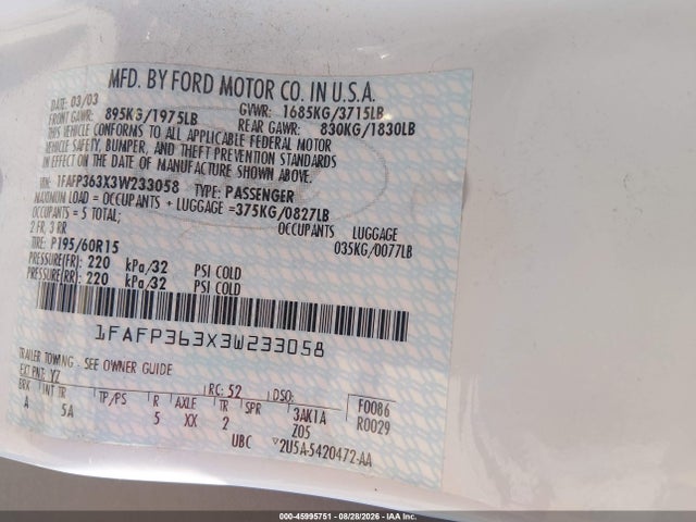Aukcja sprzedaży 2003 Ford Focus Se/ztw, vin: 1FAFP363X3W233058, numer aukcji: 45995751
