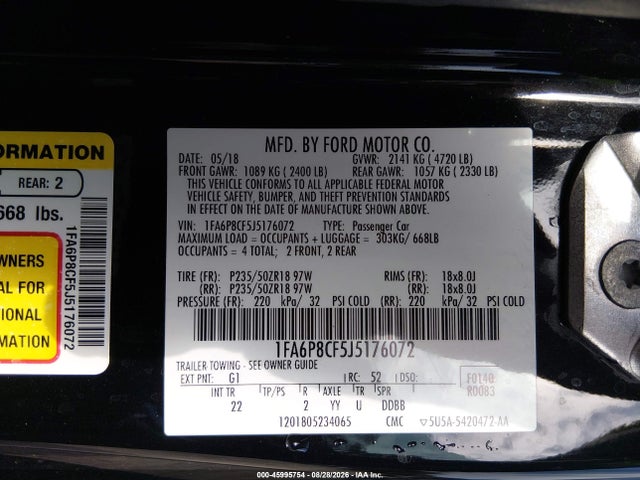 45995754 :رقم المزاد ، 1FA6P8CF5J5176072 vin ، 2018 Ford Mustang Gt مزاد بيع
