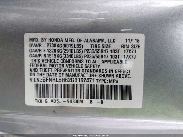 Aukcja sprzedaży 2016 Honda Odyssey Ex-l, vin: 5FNRL5H62GB162471, numer aukcji: 45995766