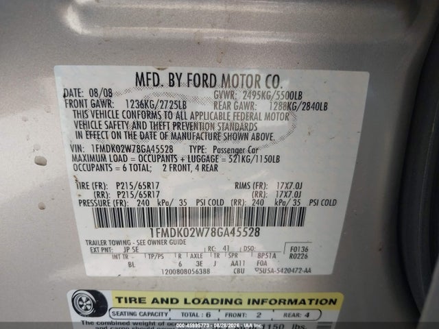 Продажа на аукционе авто 2008 Ford Taurus X Sel, vin: 1FMDK02W78GA45528, номер лота: 45995773