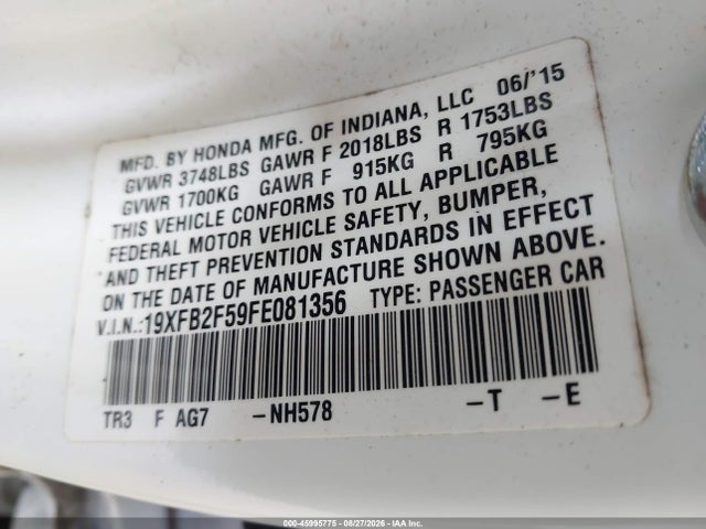 2015 Honda Civic Lx მანქანა იყიდება აუქციონზე, vin: 19XFB2F59FE081356, აუქციონის ნომერი: 45995775