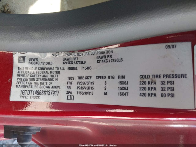 Aukcja sprzedaży 2008 Gmc Canyon Yc1, vin: 1GTDT149688137917, numer aukcji: 45995786